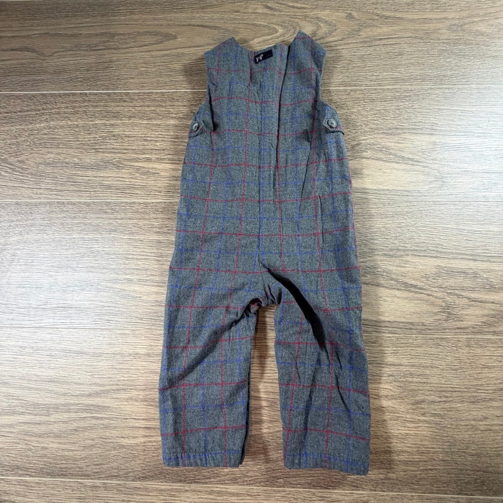 Janie and Jack Grey Windowpane Plaid Flannel Overall Longall 12-18 M Fall Preppy